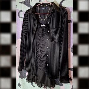Black Velvet Sheer Stripe Button-Up Shirt 🖤 Oversized Small Goth Layering